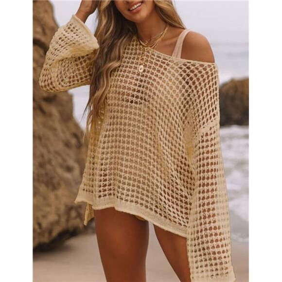 Crochet Cover Ups Sexy Hollow Out Khaki - Picture 1 of 4